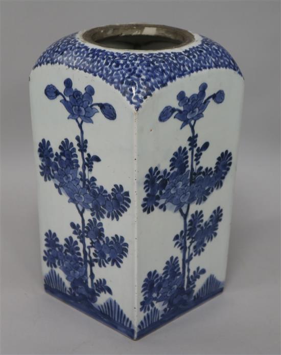 An 18th century Chinese blue and white square vase mounted as a lamp